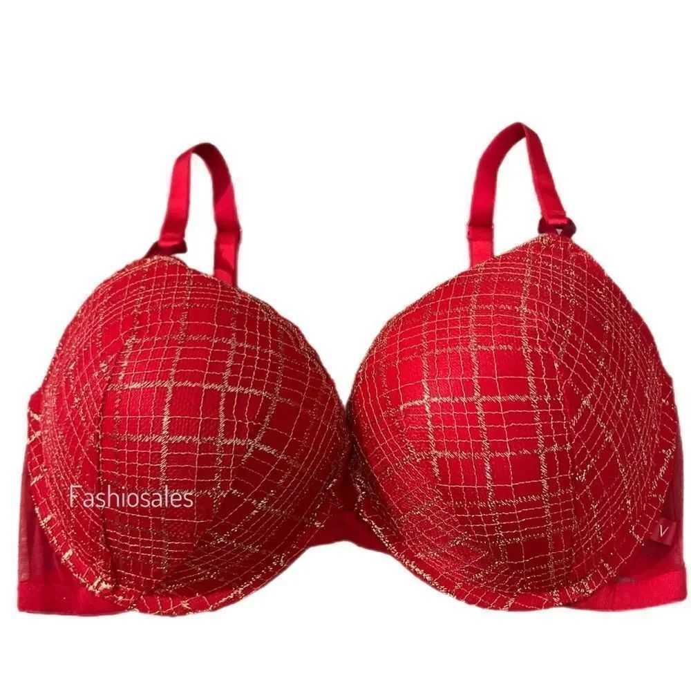 Victorias Secret Push Up Padded Metallic Lace bra red and gold